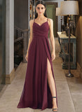 Ashleigh A-Line V-neck Floor-Length Chiffon Bridesmaid Dress With Ruffle Split Front UKP0016508