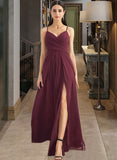 Ashleigh A-Line V-neck Floor-Length Chiffon Bridesmaid Dress With Ruffle Split Front UKP0016508