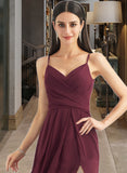 Ashleigh A-Line V-neck Floor-Length Chiffon Bridesmaid Dress With Ruffle Split Front UKP0016508