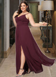 Ashleigh A-Line V-neck Floor-Length Chiffon Bridesmaid Dress With Ruffle Split Front UKP0016508