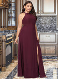 Kendra A-Line High Neck Floor-Length Chiffon Bridesmaid Dress With Split Front UKP0016510