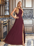 Kendra A-Line High Neck Floor-Length Chiffon Bridesmaid Dress With Split Front UKP0016510