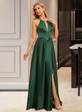 Karen A-Line High Neck Floor-Length Satin Bridesmaid Dress With Split Front UKP0016516