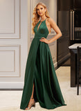 Karen A-Line High Neck Floor-Length Satin Bridesmaid Dress With Split Front UKP0016516