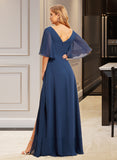 Makayla A-Line V-neck Floor-Length Chiffon Bridesmaid Dress With Split Front UKP0016517