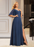 Makayla A-Line V-neck Floor-Length Chiffon Bridesmaid Dress With Split Front UKP0016517