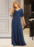 Makayla A-Line V-neck Floor-Length Chiffon Bridesmaid Dress With Split Front UKP0016517