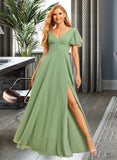 Marlee A-Line V-neck Floor-Length Chiffon Bridesmaid Dress With Ruffle Split Front UKP0016518