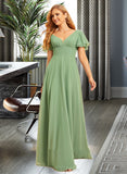 Marlee A-Line V-neck Floor-Length Chiffon Bridesmaid Dress With Ruffle Split Front UKP0016518