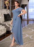 Siena A-Line V-neck Asymmetrical Chiffon Bridesmaid Dress With Ruffle Split Front UKP0016519