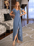 Siena A-Line V-neck Asymmetrical Chiffon Bridesmaid Dress With Ruffle Split Front UKP0016519