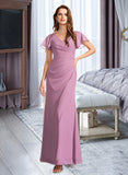 Joselyn Sheath/Column V-Neck Floor-Length Chiffon Bridesmaid Dress With Ruffle UKP0016520