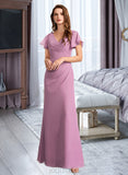 Joselyn Sheath/Column V-Neck Floor-Length Chiffon Bridesmaid Dress With Ruffle UKP0016520