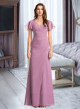 Joselyn Sheath/Column V-Neck Floor-Length Chiffon Bridesmaid Dress With Ruffle UKP0016520