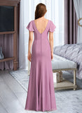 Joselyn Sheath/Column V-Neck Floor-Length Chiffon Bridesmaid Dress With Ruffle UKP0016520