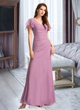 Joselyn Sheath/Column V-Neck Floor-Length Chiffon Bridesmaid Dress With Ruffle UKP0016520