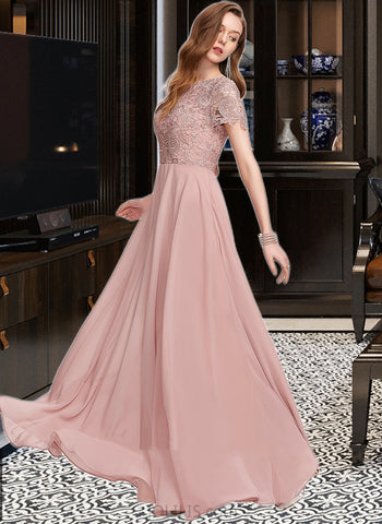 Desiree A-Line Scoop Neck Floor-Length Chiffon Lace Bridesmaid Dress With Sequins UKP0016522