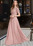 Desiree A-Line Scoop Neck Floor-Length Chiffon Lace Bridesmaid Dress With Sequins UKP0016522