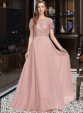 Desiree A-Line Scoop Neck Floor-Length Chiffon Lace Bridesmaid Dress With Sequins UKP0016522