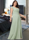 Nathaly A-Line V-neck Floor-Length Chiffon Bridesmaid Dress With Split Front UKP0016523