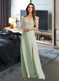 Nathaly A-Line V-neck Floor-Length Chiffon Bridesmaid Dress With Split Front UKP0016523