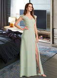 Nathaly A-Line V-neck Floor-Length Chiffon Bridesmaid Dress With Split Front UKP0016523