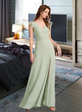 Nathaly A-Line V-neck Floor-Length Chiffon Bridesmaid Dress With Split Front UKP0016523