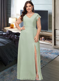 Nathaly A-Line V-neck Floor-Length Chiffon Bridesmaid Dress With Split Front UKP0016523