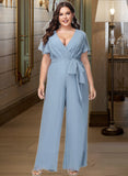 Aniyah Jumpsuit/Pantsuit V-Neck Floor-Length Chiffon Bridesmaid Dress With Ruffle UKP0016524