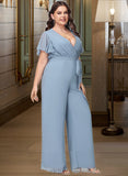 Aniyah Jumpsuit/Pantsuit V-Neck Floor-Length Chiffon Bridesmaid Dress With Ruffle UKP0016524