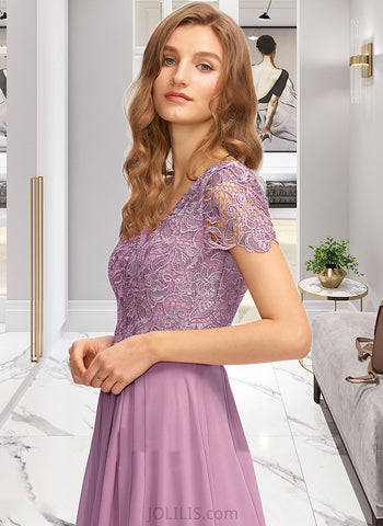 Kaylynn A-Line V-neck Floor-Length Chiffon Lace Bridesmaid Dress With Split Front UKP0016525