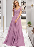 Kaylynn A-Line V-neck Floor-Length Chiffon Lace Bridesmaid Dress With Split Front UKP0016525