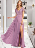 Kaylynn A-Line V-neck Floor-Length Chiffon Lace Bridesmaid Dress With Split Front UKP0016525