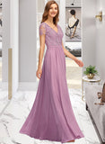 Kaylynn A-Line V-neck Floor-Length Chiffon Lace Bridesmaid Dress With Split Front UKP0016525