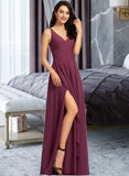 Patsy A-Line V-neck Floor-Length Chiffon Bridesmaid Dress With Split Front UKP0016527