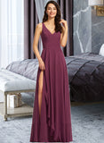 Patsy A-Line V-neck Floor-Length Chiffon Bridesmaid Dress With Split Front UKP0016527