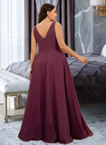 Patsy A-Line V-neck Floor-Length Chiffon Bridesmaid Dress With Split Front UKP0016527