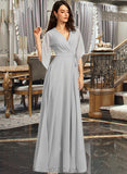 Perla A-Line V-neck Floor-Length Chiffon Bridesmaid Dress With Ruffle Split Front UKP0016528