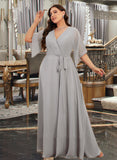 Perla A-Line V-neck Floor-Length Chiffon Bridesmaid Dress With Ruffle Split Front UKP0016528