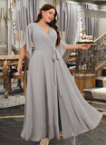 Perla A-Line V-neck Floor-Length Chiffon Bridesmaid Dress With Ruffle Split Front UKP0016528