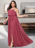 Jazlynn A-Line Cowl Neck Floor-Length Chiffon Bridesmaid Dress With Ruffle Split Front UKP0016529