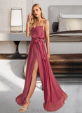 Jazlynn A-Line Cowl Neck Floor-Length Chiffon Bridesmaid Dress With Ruffle Split Front UKP0016529