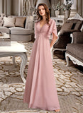 Makaila A-line V-Neck Floor-Length Chiffon Bridesmaid Dress UKP0016531