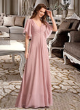 Makaila A-line V-Neck Floor-Length Chiffon Bridesmaid Dress UKP0016531