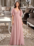 Makaila A-line V-Neck Floor-Length Chiffon Bridesmaid Dress UKP0016531