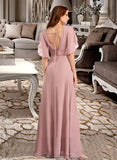 Makaila A-line V-Neck Floor-Length Chiffon Bridesmaid Dress UKP0016531