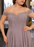 Leah A-Line Off-the-Shoulder Tea-Length Chiffon Lace Bridesmaid Dress With Beading UKP0016534