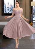 Leah A-Line Off-the-Shoulder Tea-Length Chiffon Lace Bridesmaid Dress With Beading UKP0016534