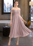 Leah A-Line Off-the-Shoulder Tea-Length Chiffon Lace Bridesmaid Dress With Beading UKP0016534