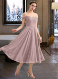 Leah A-Line Off-the-Shoulder Tea-Length Chiffon Lace Bridesmaid Dress With Beading UKP0016534